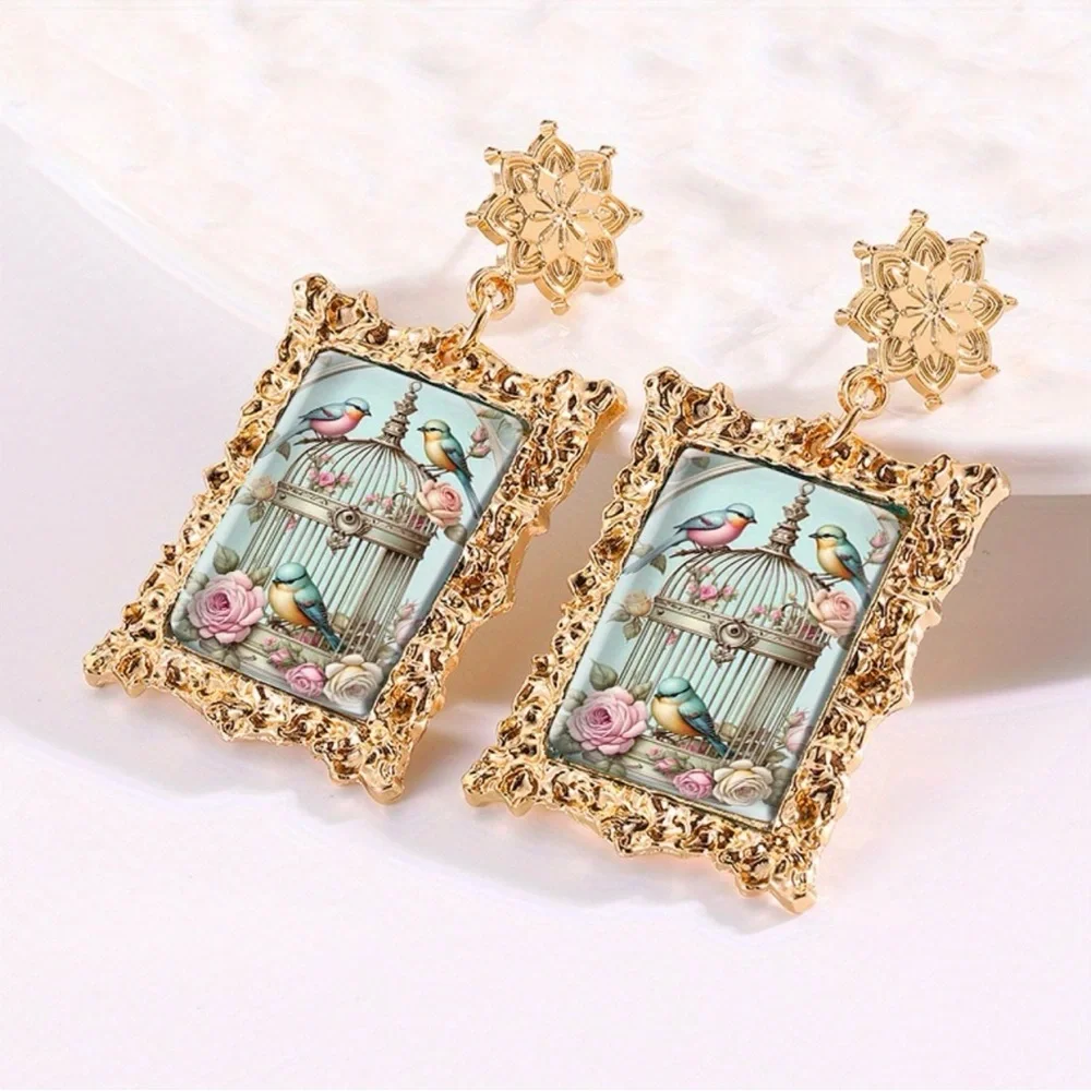 Birdcage Bird Art Cottage Shabby Chic Earrings Vintage Style Gold Baroque NEW